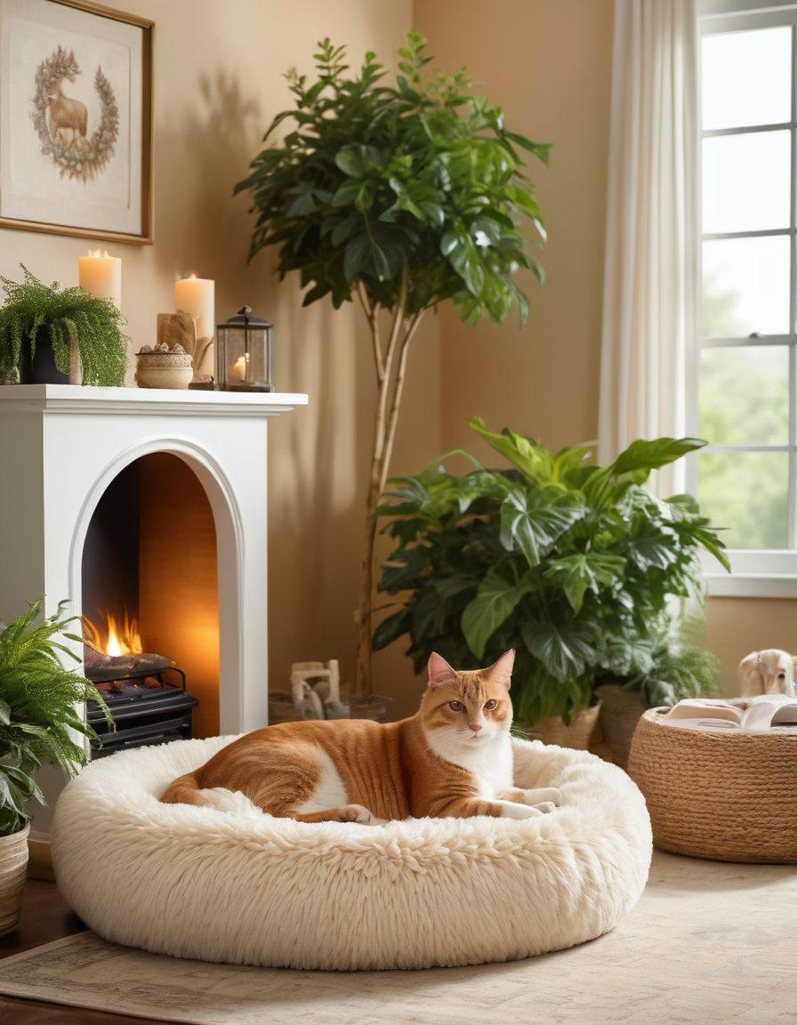 A cozy, lavish pet living space featuring a plush dog bed, an elegant cat tree, and a variety of luxurious pet accessories scattered around. Soft, warm lighting enhances the atmosphere, with happy pets (a joyful dog and a relaxed cat) enjoying their surroundings. Surround the scene with lush greenery and tasteful decor, representing opulence and comfort. Soft textures and rich colors create a serene ambiance. super-realistic. vibrant colors. cozy atmosphere.