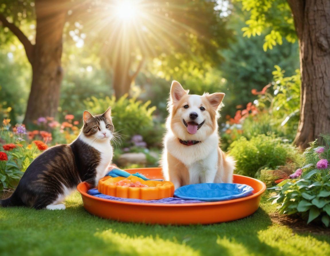 A joyful dog and a playful cat exploring a vibrant garden filled with various wellness tools like healthy pet food, exercise gear, and soothing beds. The scene exudes happiness and vitality, with sunlight filtering through the trees, casting a warm glow. Include elements representing holistic care, like essential oils and fresh vegetables. super-realistic. vibrant colors. nature background.
