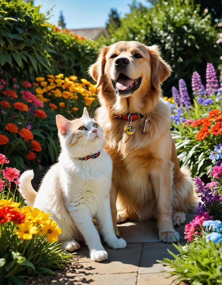 A joyful dog and cat playing together in a sunlit garden filled with colorful flowers and playful toys, showcasing premium pet care products nearby, including gourmet pet food and stylish accessories. The scene exudes happiness and warmth, with bright, inviting colors to evoke a sense of joy and companionship. super-realistic. vibrant colors. natural light.